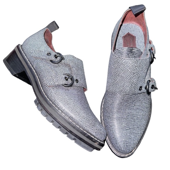 Womens Rag & Bone NY Konrad Monk Strap Embossed Leather Oxfords Gray/Black Sz 8 - Picture 2 of 13